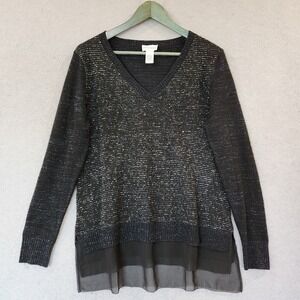 Soft Surroundings Tunic Top Womens L Black Silver Threads Sheer Hem L/S